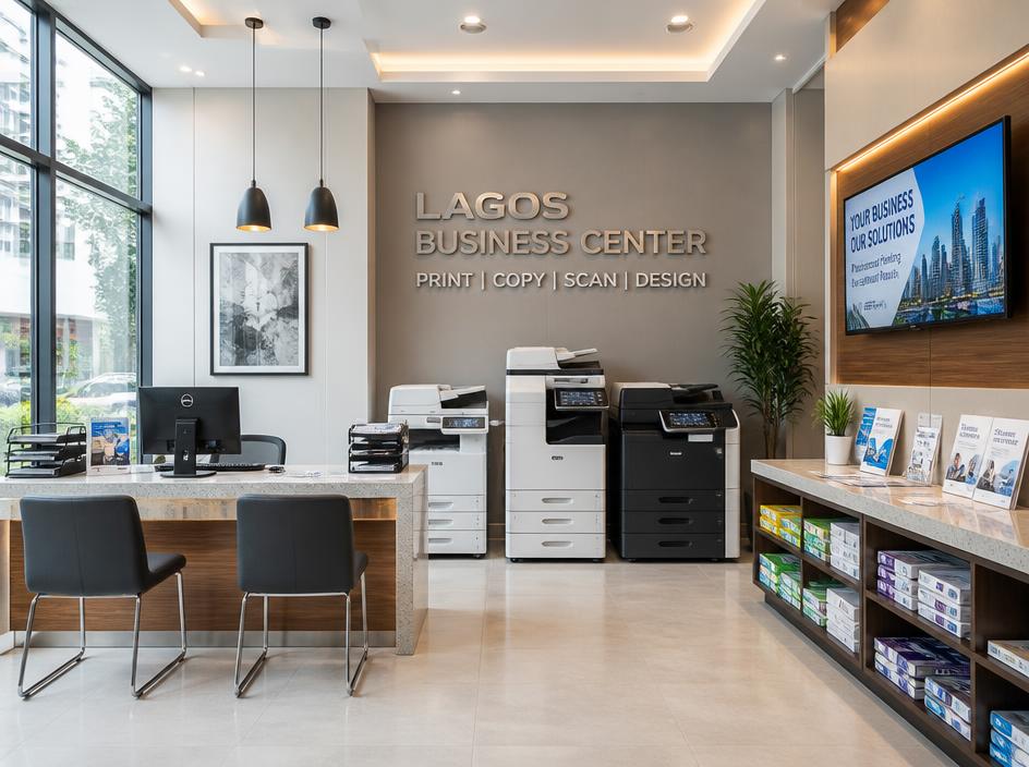 Interior of Mega Business Limited showing a modern reception desk and professional printing equipment